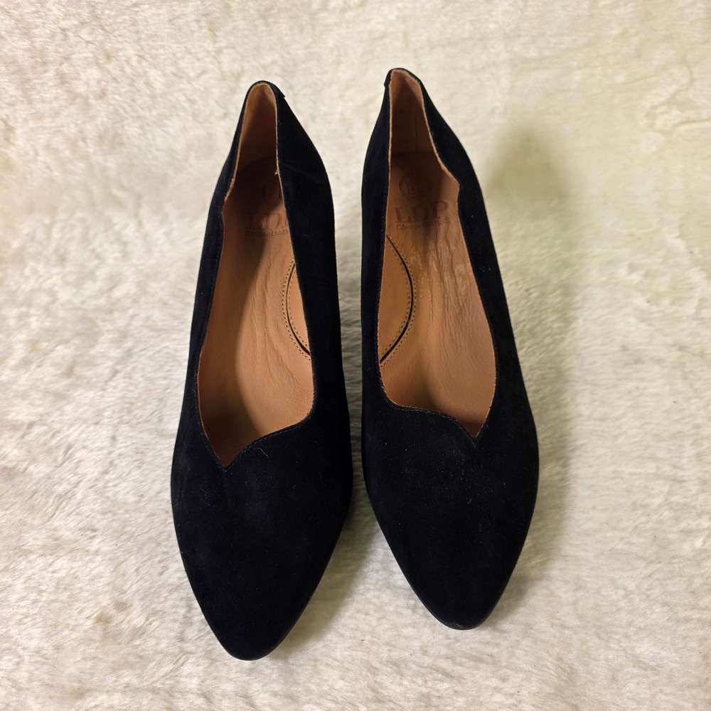L'Amour Des Pieds Suede Velvety Heels Scalloped V-Cut Formal Pumps Black Women 9 - Picture 3 of 8
